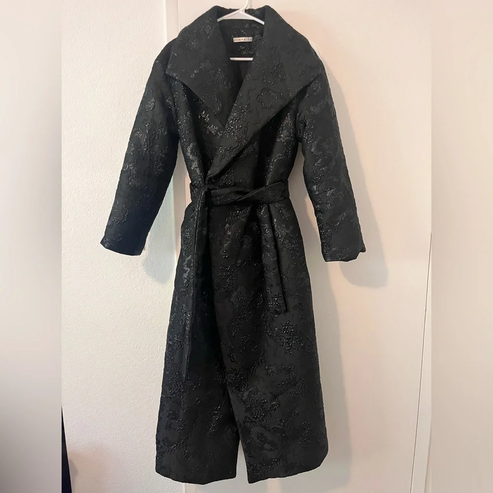 Alice + Olivia Ima Duvet Maxi Puffer Coat Black Metallic Jacquard XS